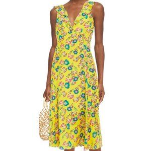 SALONI Holly Midi Dress Silk Crepe Yellow Floral Frill V-Neck Sleeveless Dress 8